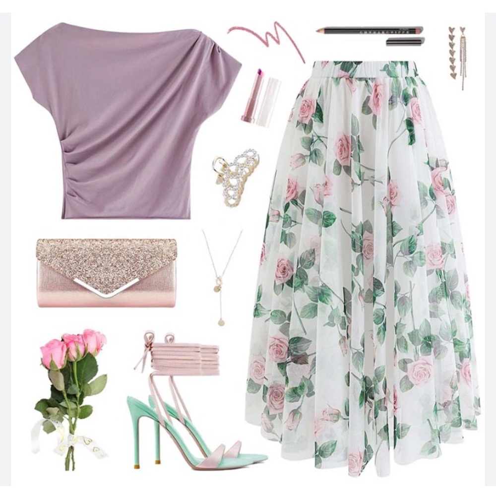 Rose mesh tulle midi skirt